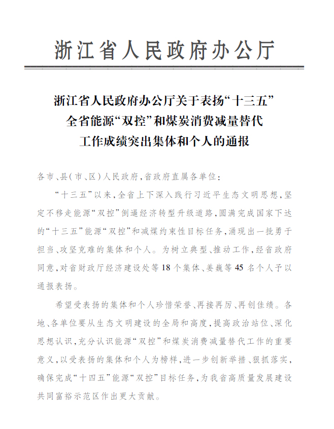 尊龙凯时永嘉公司付金轩获“浙江省能源‘双控’工作成绩突出个人”表彰